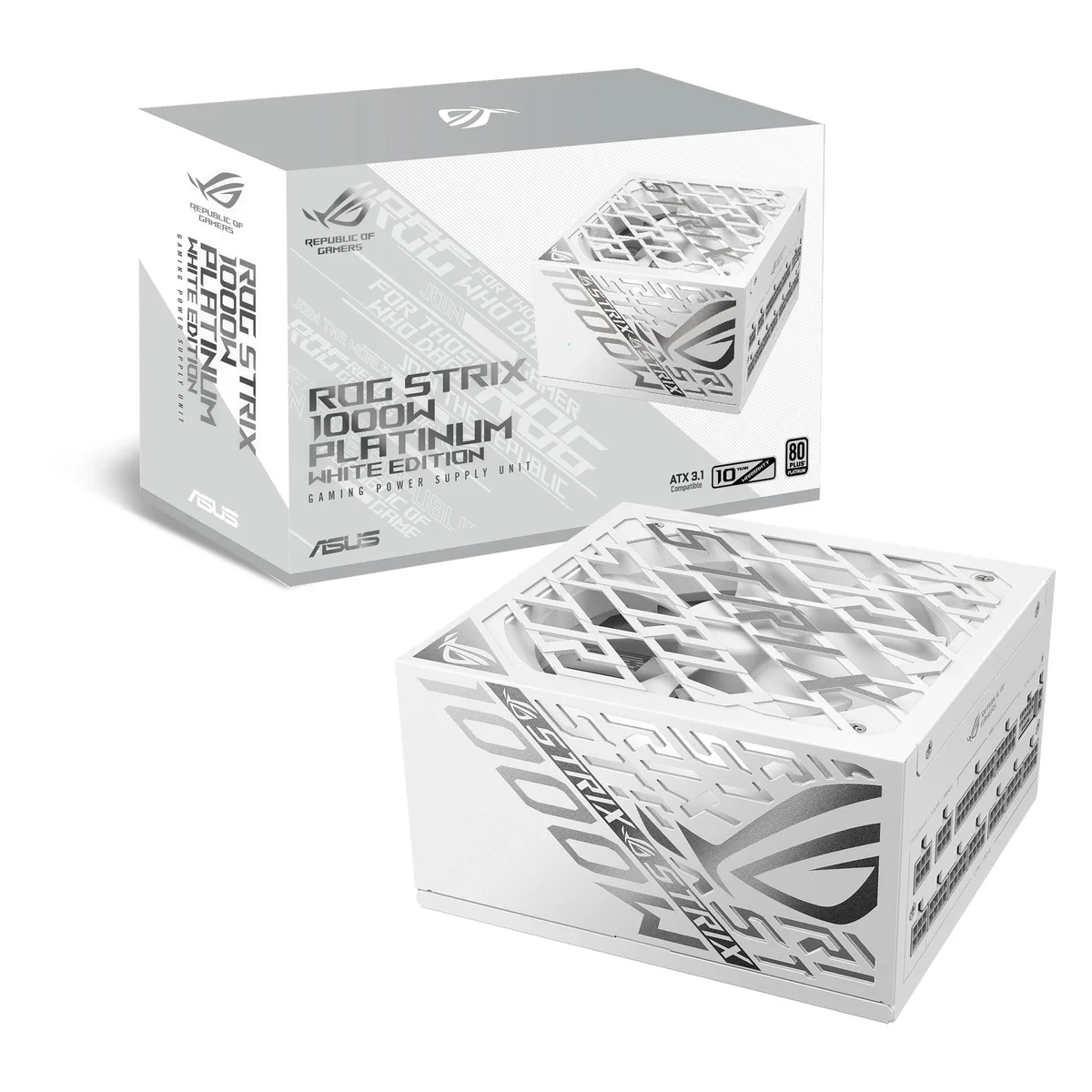 White fully modular ATX power supply, 150 mm long, ROG Strix branding