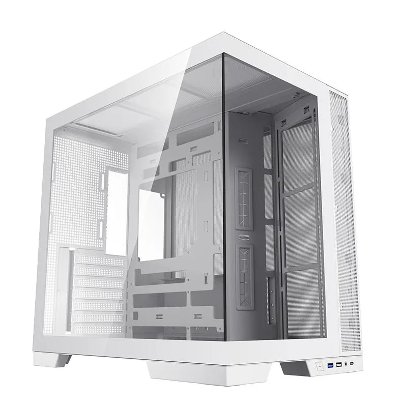 White ATX mid tower case with front and side tempered glass panels, dual chamber layout, 20.5° side fan mount