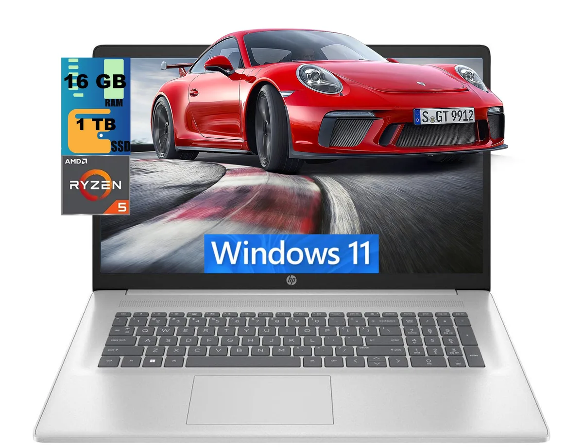Silver HP 17 laptop open showing 17.3 inch FHD screen and keyboard