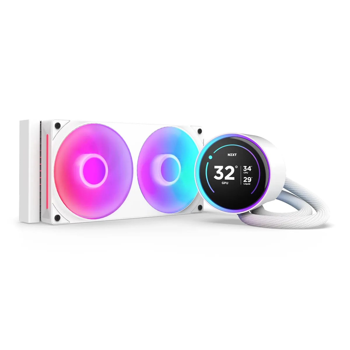 White 240 mm AIO cooler with square LCD pump block and two 120 mm RGB fans
