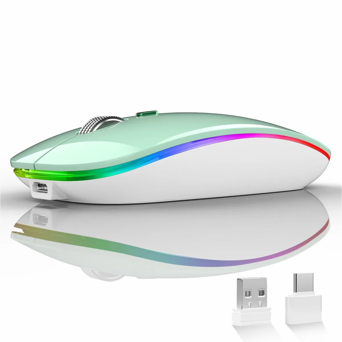 Mint green slim wireless mouse, ambidextrous shape, 4 buttons, LED lighting, USB receiver with Type C adapter