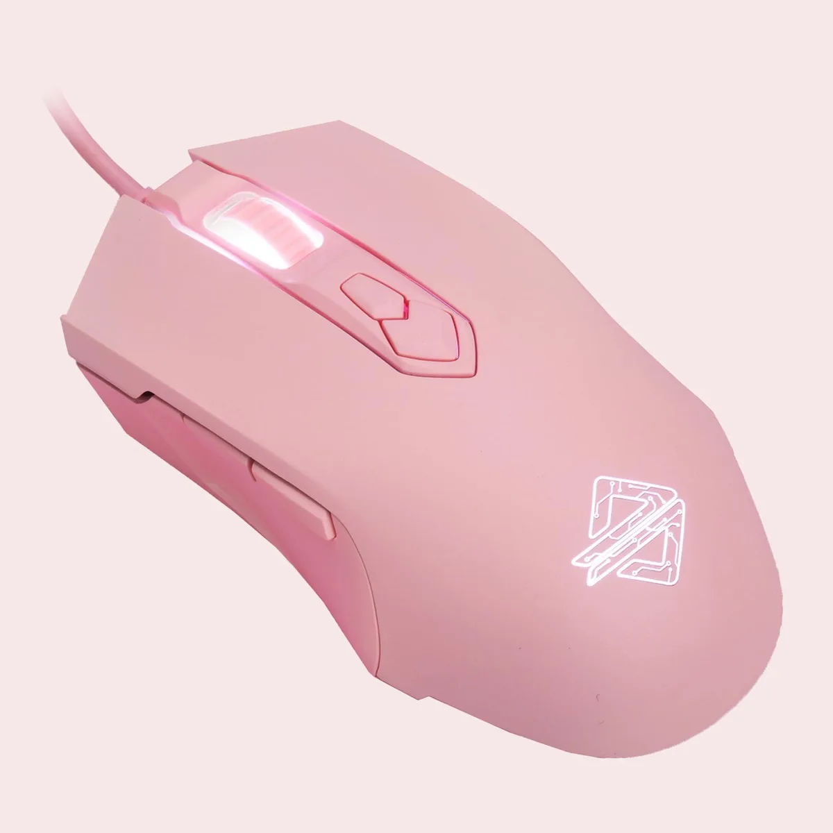 Pink right-handed gaming mouse with 16 buttons, ergonomic shape, RGB lighting, 127g weight