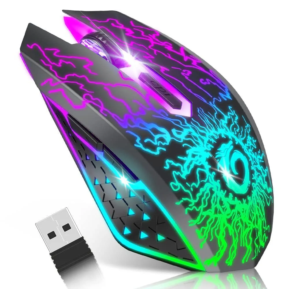 Black right-handed wireless gaming mouse with six buttons, scroll wheel and RGB lighting