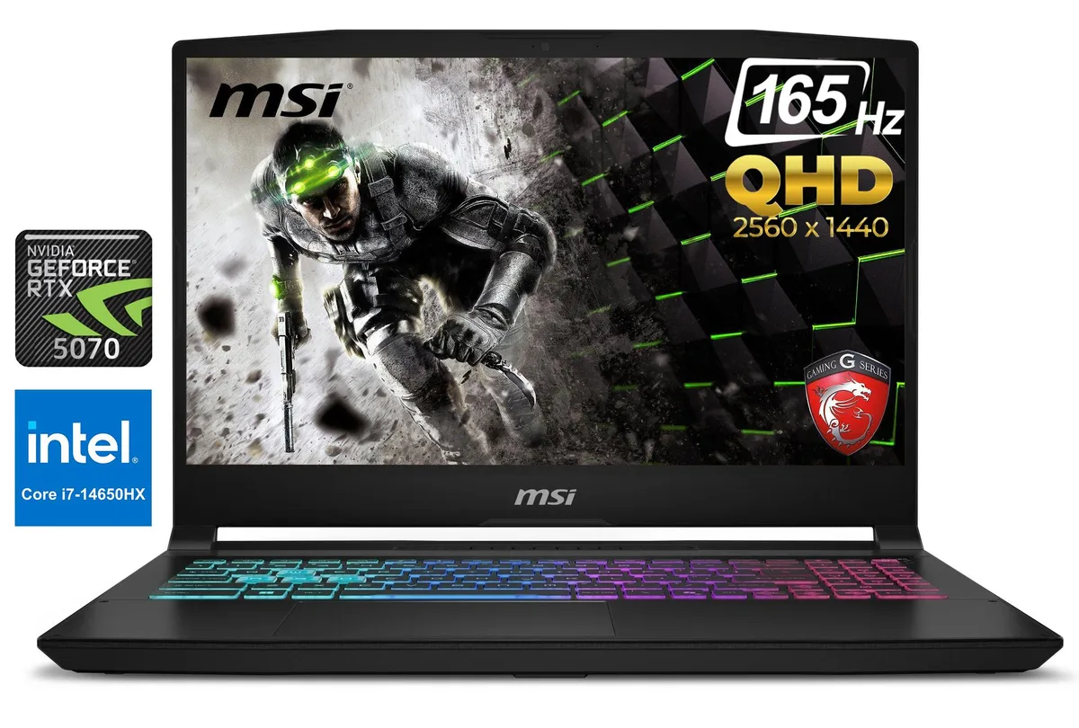 Black 15.6 inch gaming laptop with thin bezel display and four zone RGB keyboard