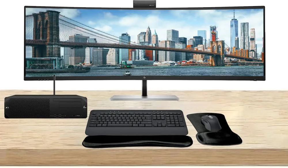 HP Z2 small-form-factor workstation, 49-inch curved ultrawide monitor, wireless keyboard and mouse set