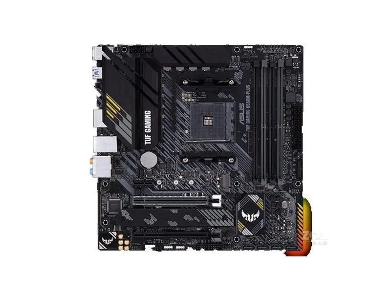 Micro ATX motherboard in black with reinforced PCIe slot and grey heatsinks