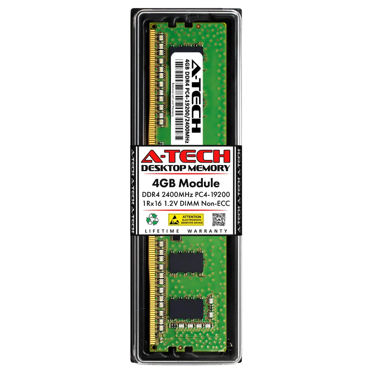 Green 288-pin DDR4 DIMM with black chips and silver contacts