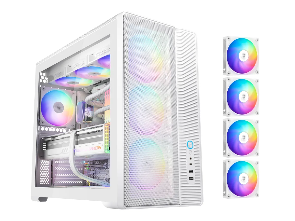 White mid tower case with tempered glass side panel and mesh front and top panels