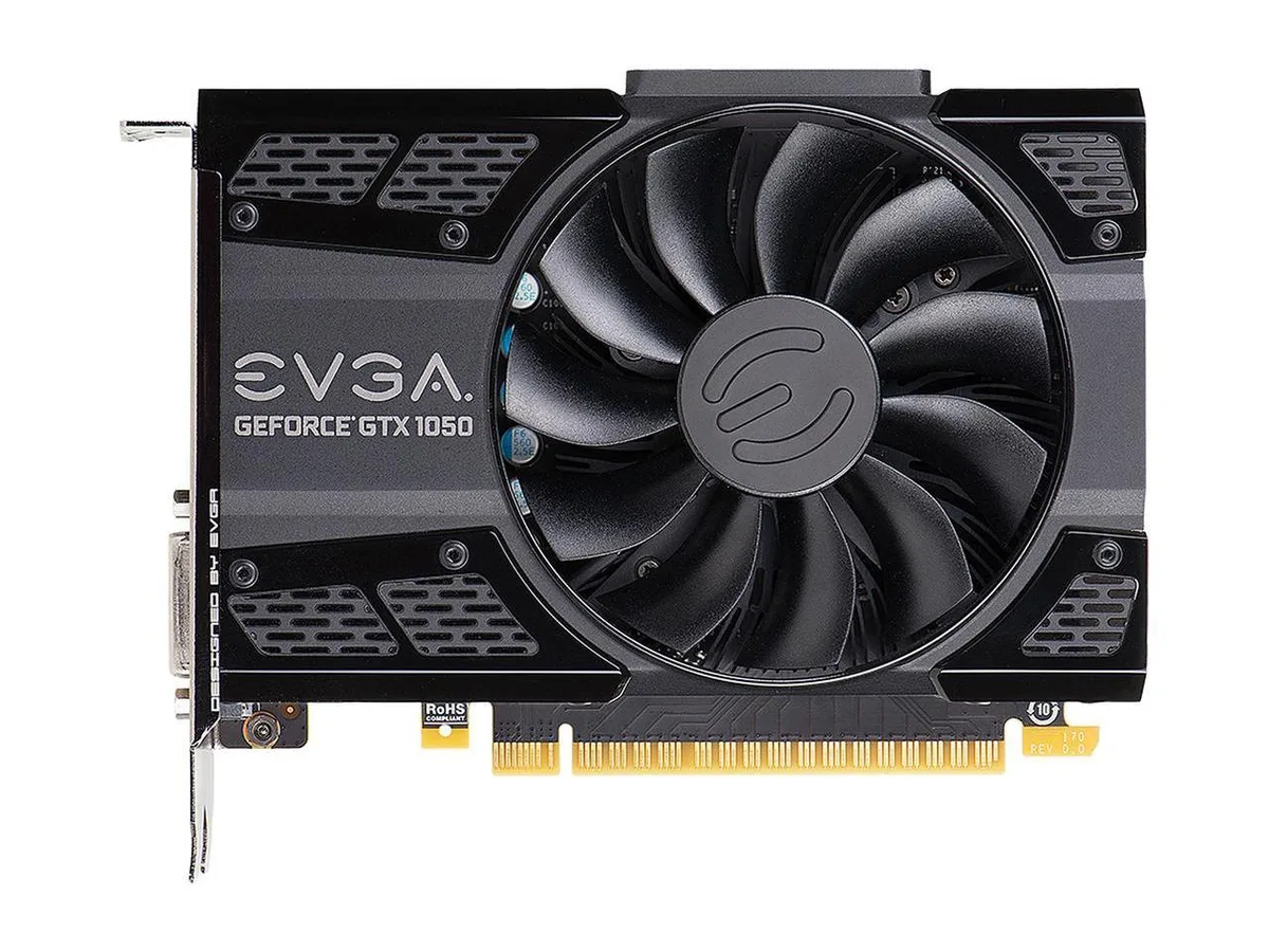 EVGA GeForce GTX 1050 SC GAMING graphics card with black dual-fan cooler and metal backplate
