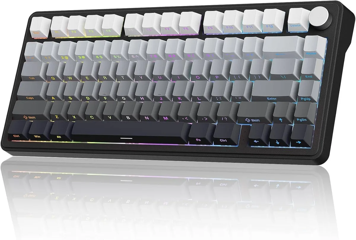 White and black 75% mechanical keyboard with side-printed PBT keycaps and RGB backlighting