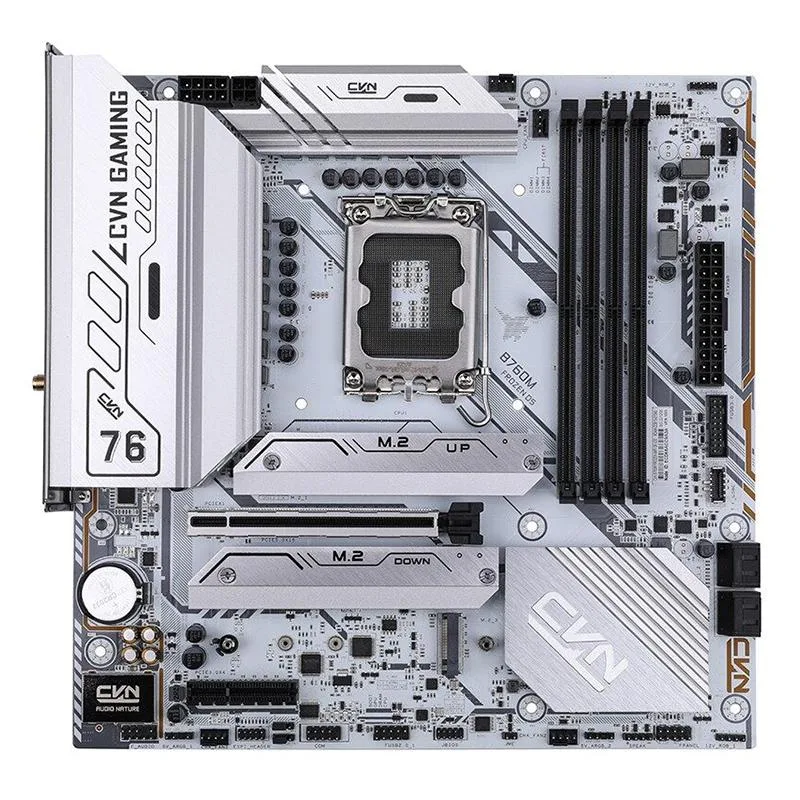 White Mini-ITX motherboard with silver heatshields and rear I/O panel
