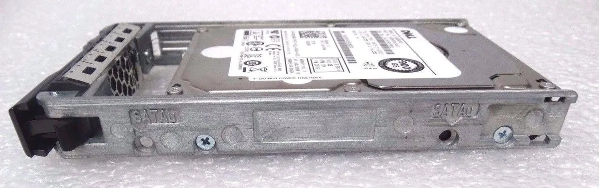 Silver 2.5 inch Dell SAS hard drive with label showing RC34W 900GB 10000 RPM