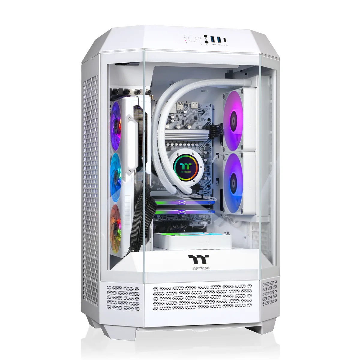 White mid-tower desktop with ARGB liquid cooling visible through glass side panel