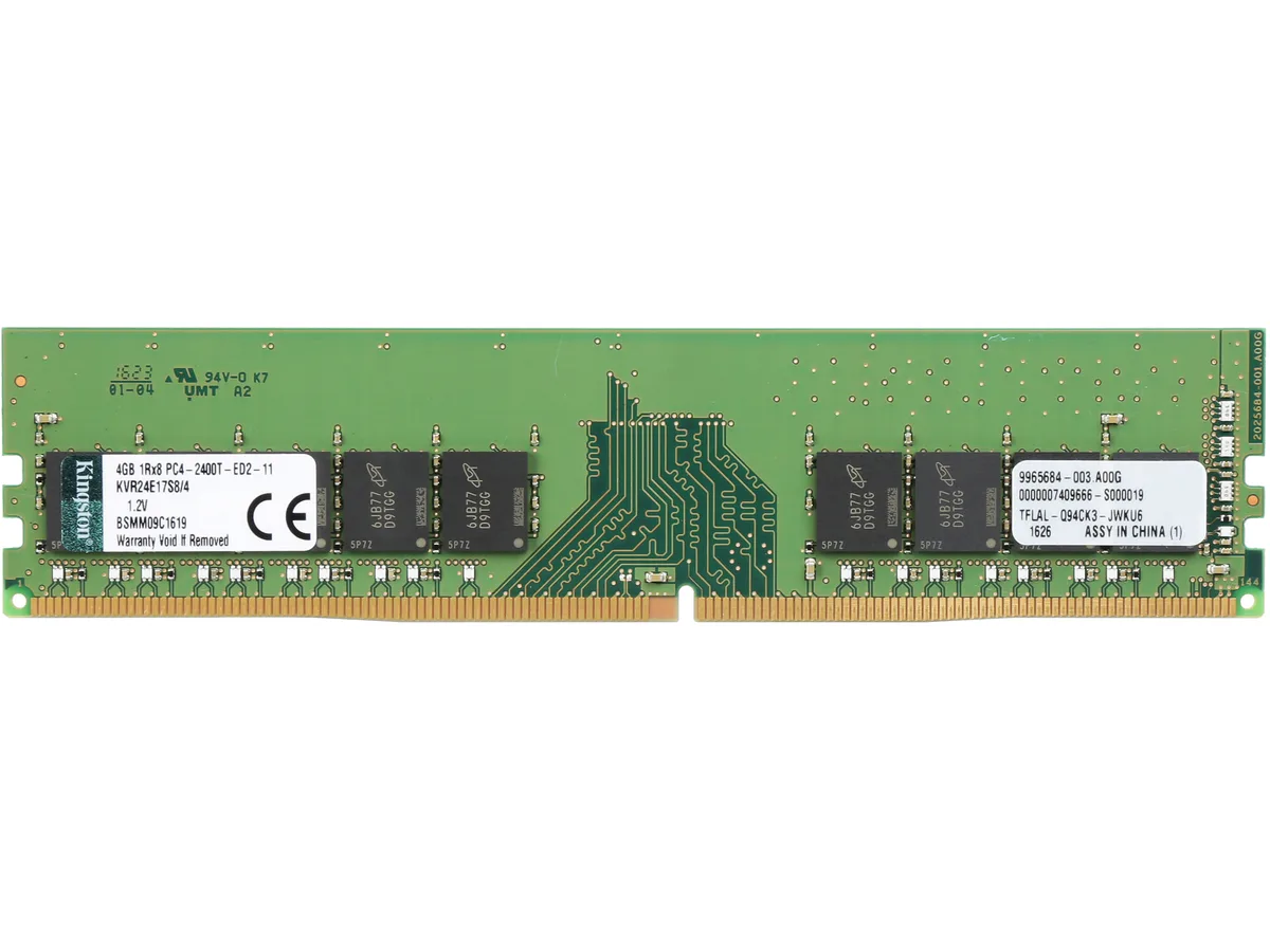 Green circuit board with black memory chips, gold edge connector, no heat spreader