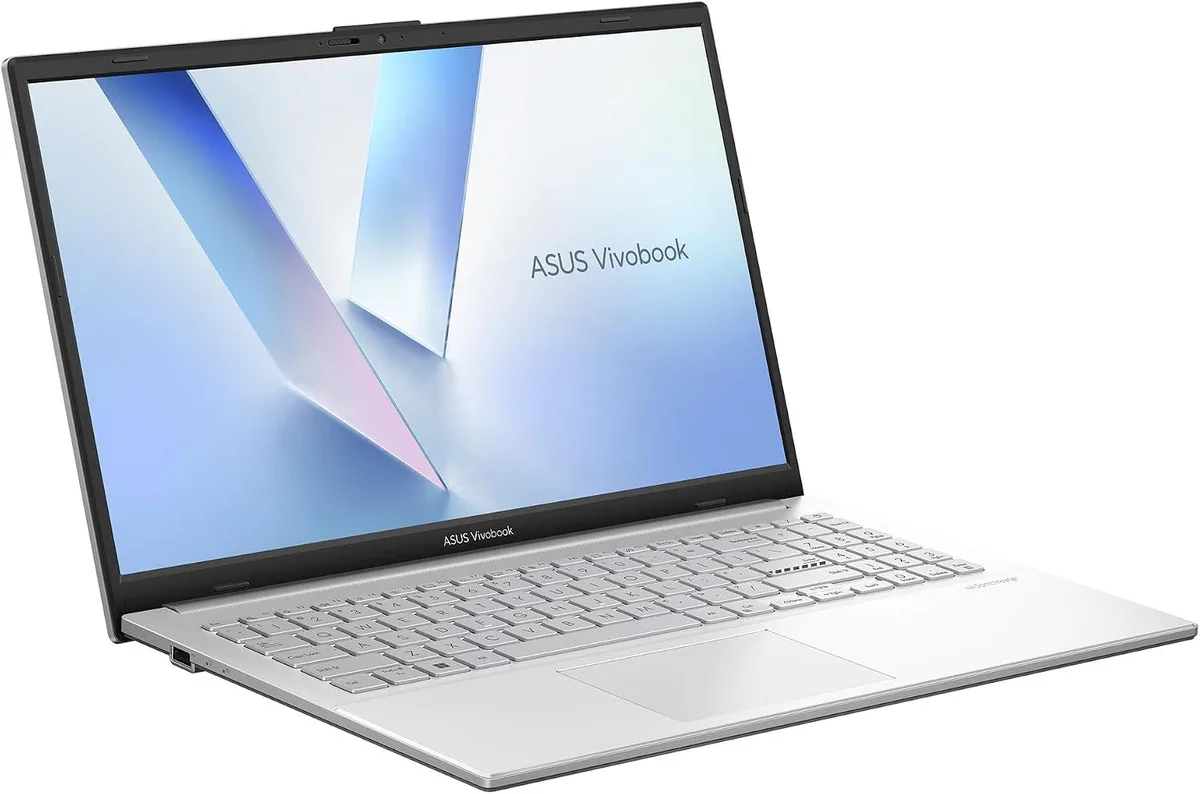 Silver 15.6 inch laptop with flat keyboard and 180 degree hinge