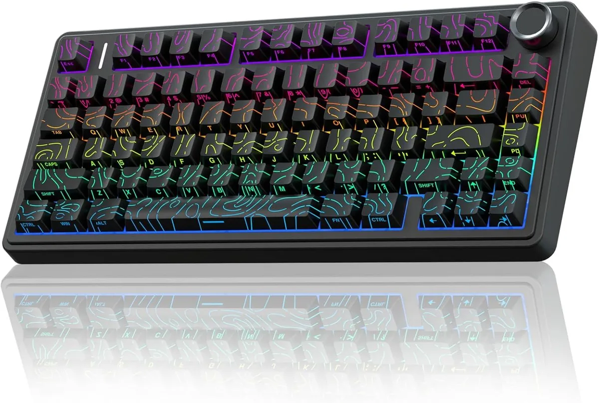Compact 75 percent wireless mechanical keyboard in black with a side rotary knob and RGB backlighting