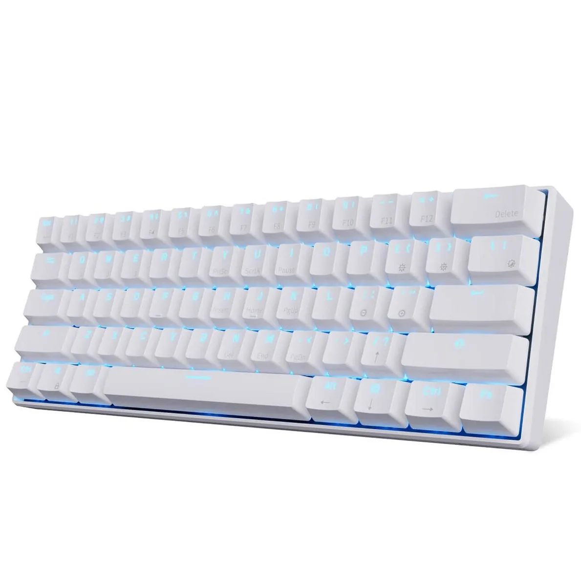 Compact white 61-key mechanical keyboard with red switches and single-colour LED backlighting