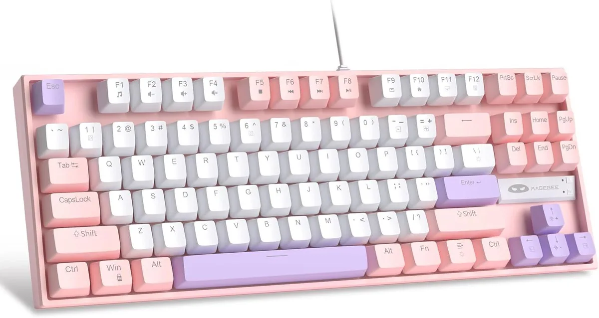Compact 75 percent mechanical keyboard in white and pink with red linear switches and blue LED backlighting