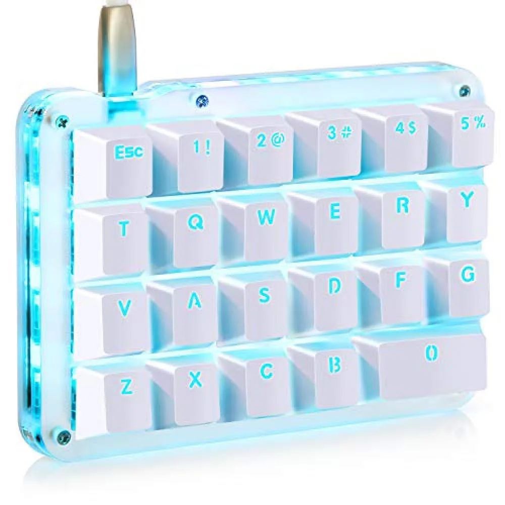 Compact one-handed gaming keyboard with 23 mechanical keys and blue LED backlighting