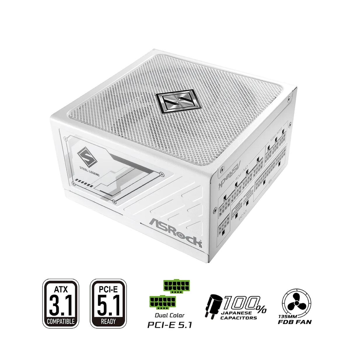 White fully modular ATX power supply with 135mm striped fan and native 12V-2x6 connector