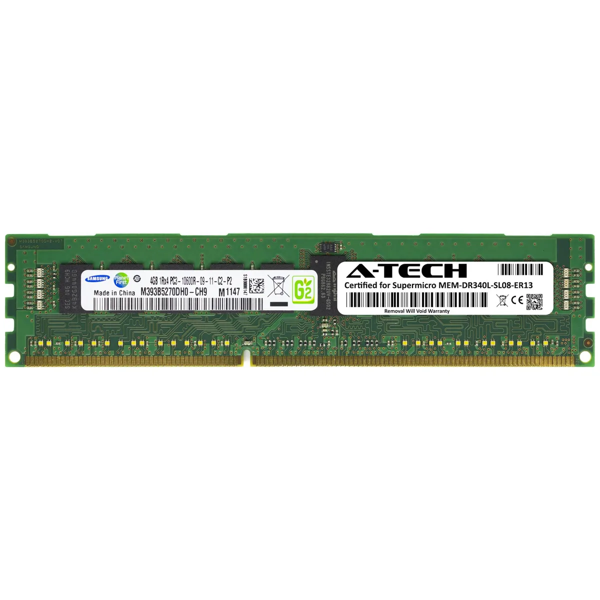Green 240-pin DDR3 server RDIMM with black chips and silver label