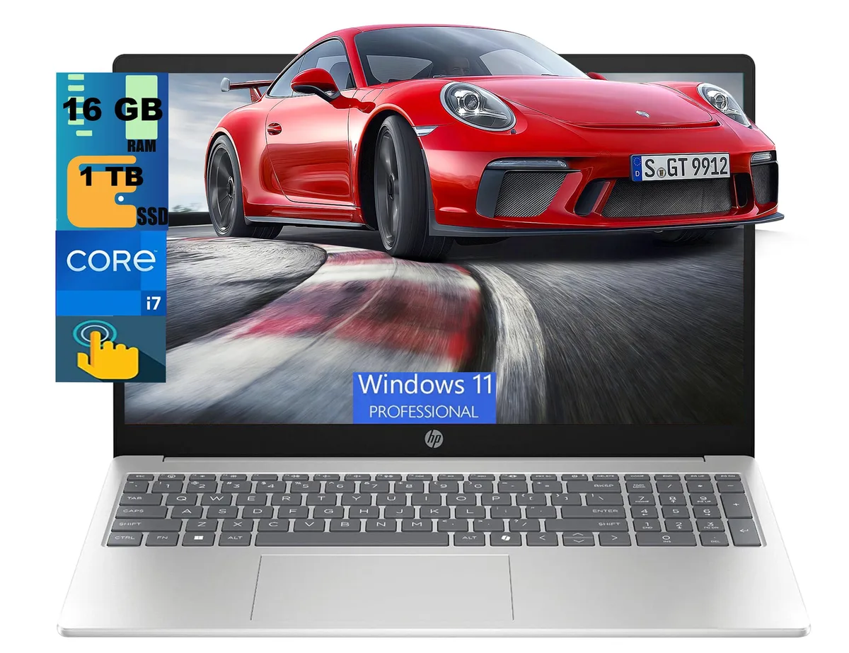 Silver 15.6 inch touchscreen laptop, slim profile, 14.17 by 9.29 inches