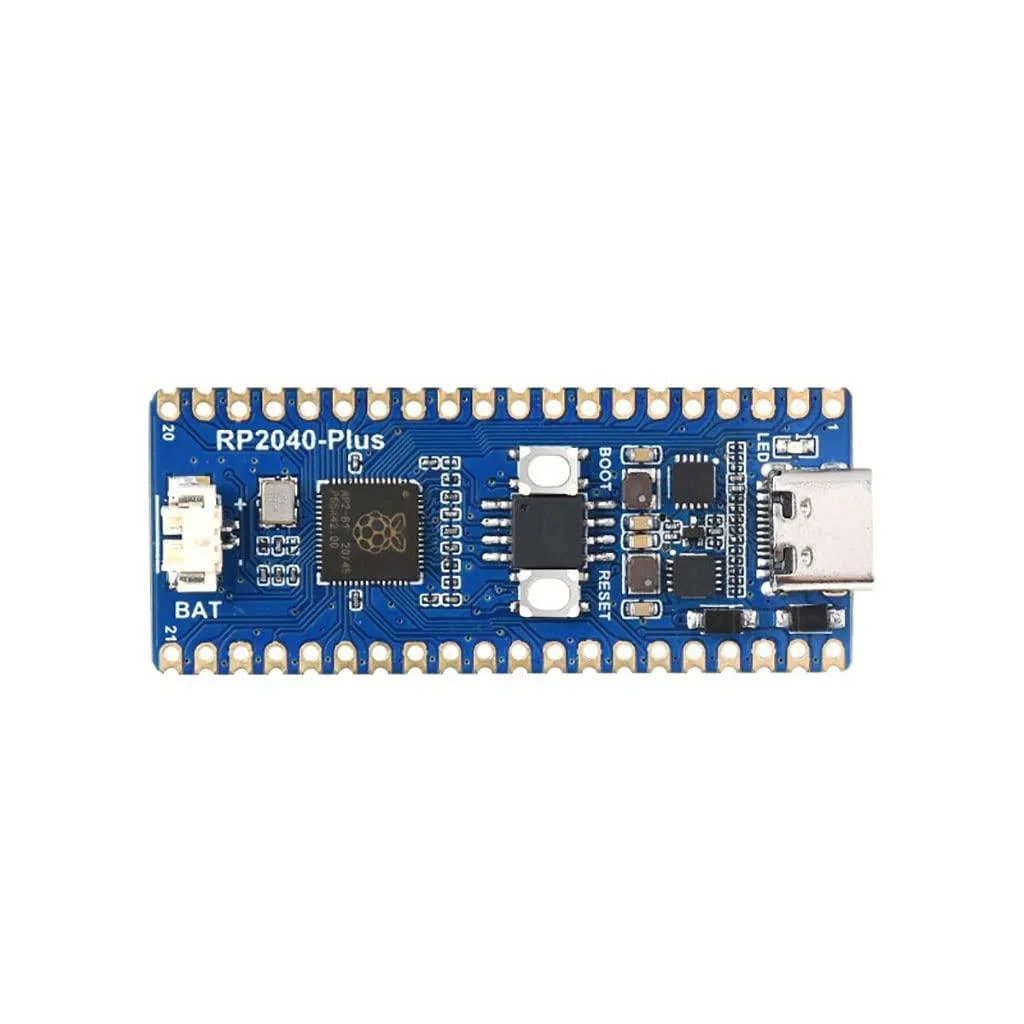 Green rectangular development board with USB-C port and castellated edges, pre-soldered header pins visible