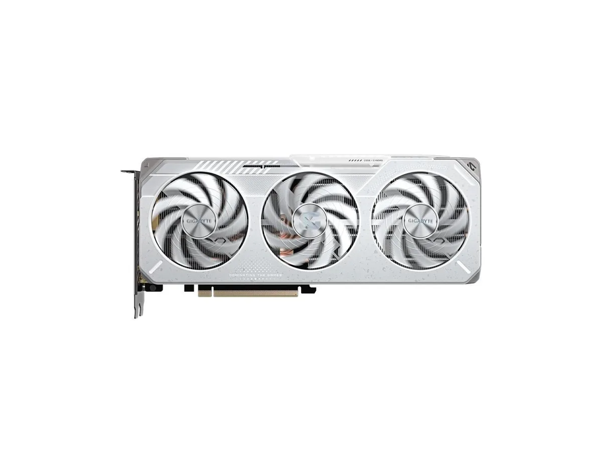 White triple-fan graphics card with silver accents and RGB lighting