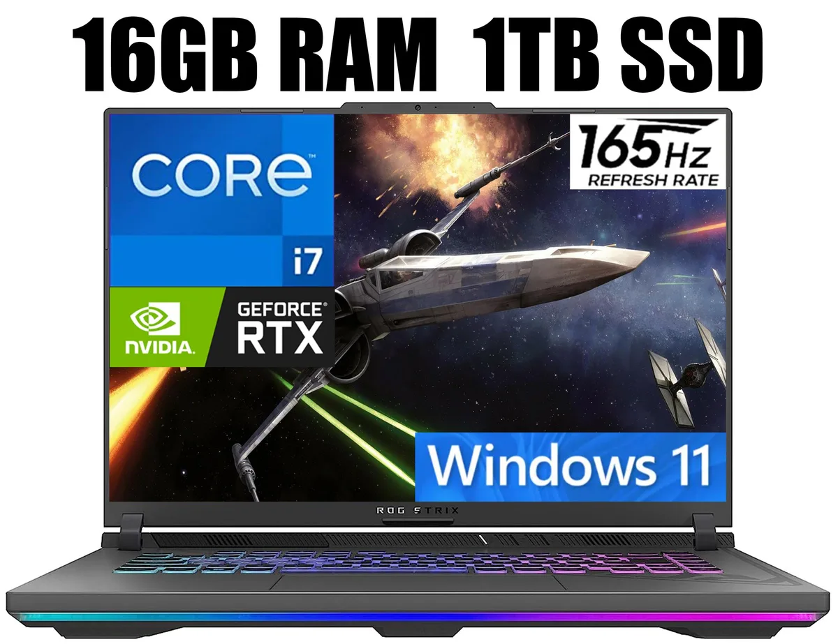 Gray 16 inch gaming laptop with backlit keyboard and ROG branding