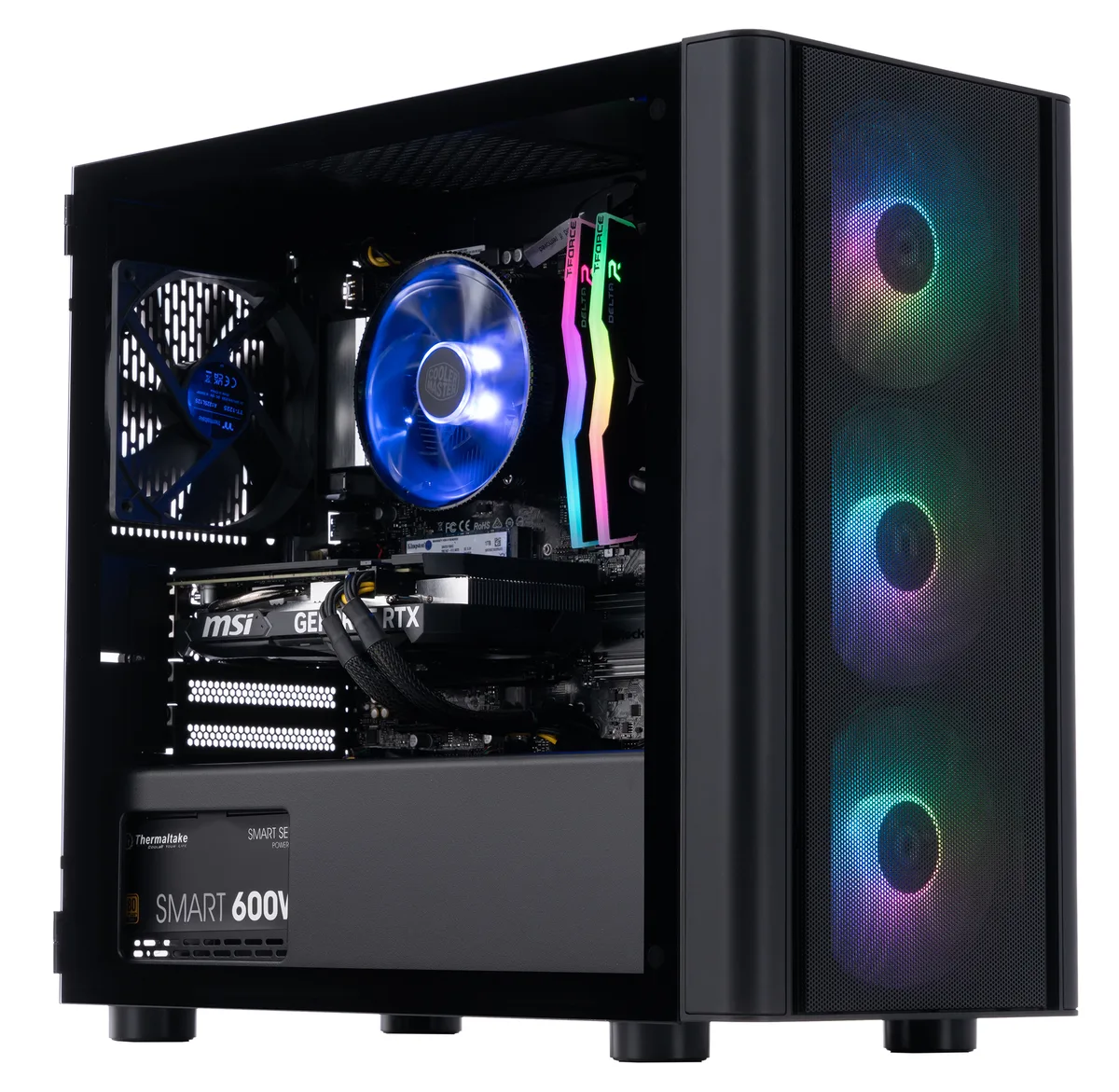 Mid-tower gaming PC in black Thermaltake V150 RGB case with visible RGB memory and cooler