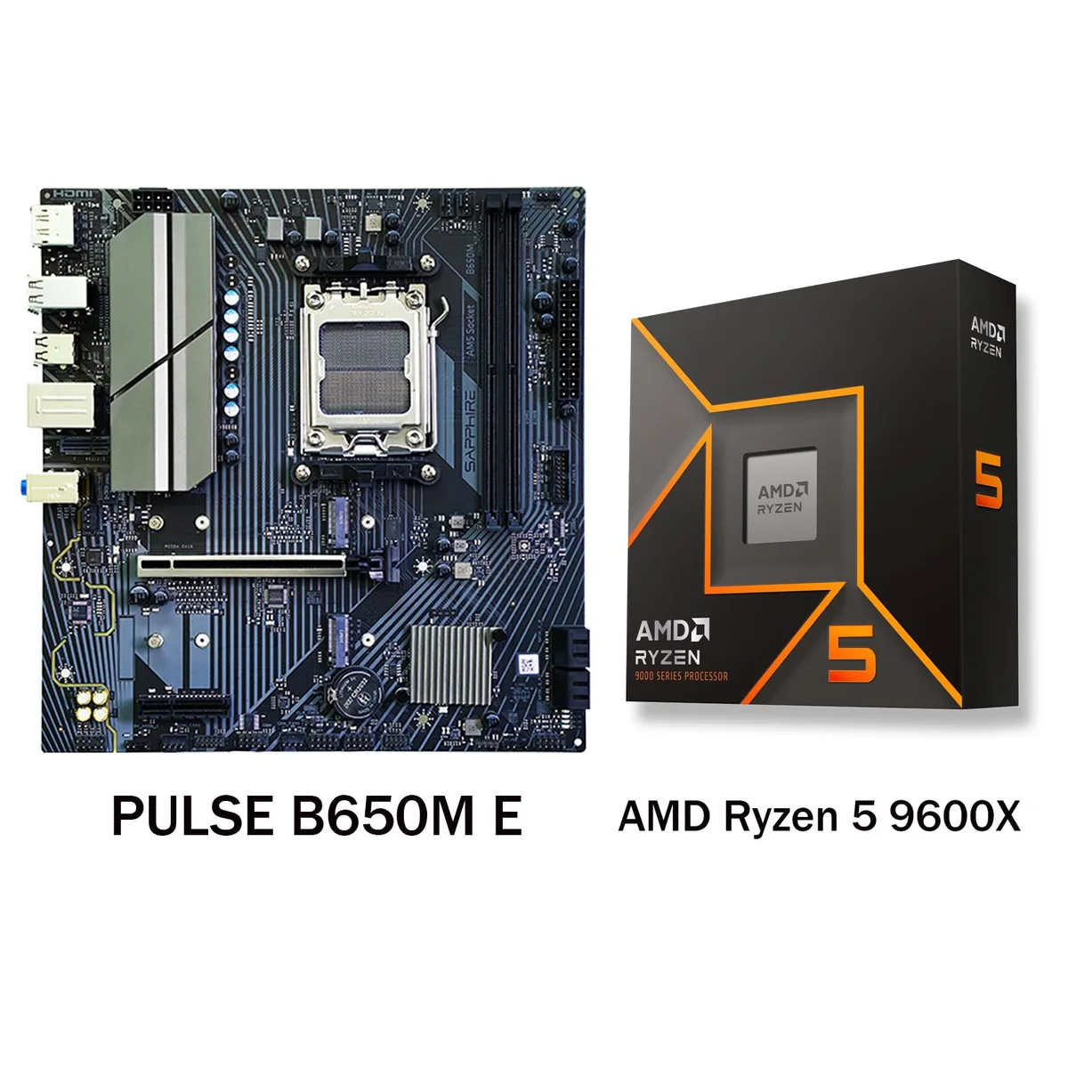Sapphire PULSE B650M E micro-ATX board with Ryzen 5 9600X CPU, dark heatsinks and silver accents