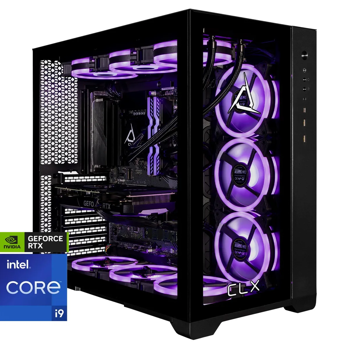 Black mid-tower gaming desktop with dual tempered glass panels and RGB lighting