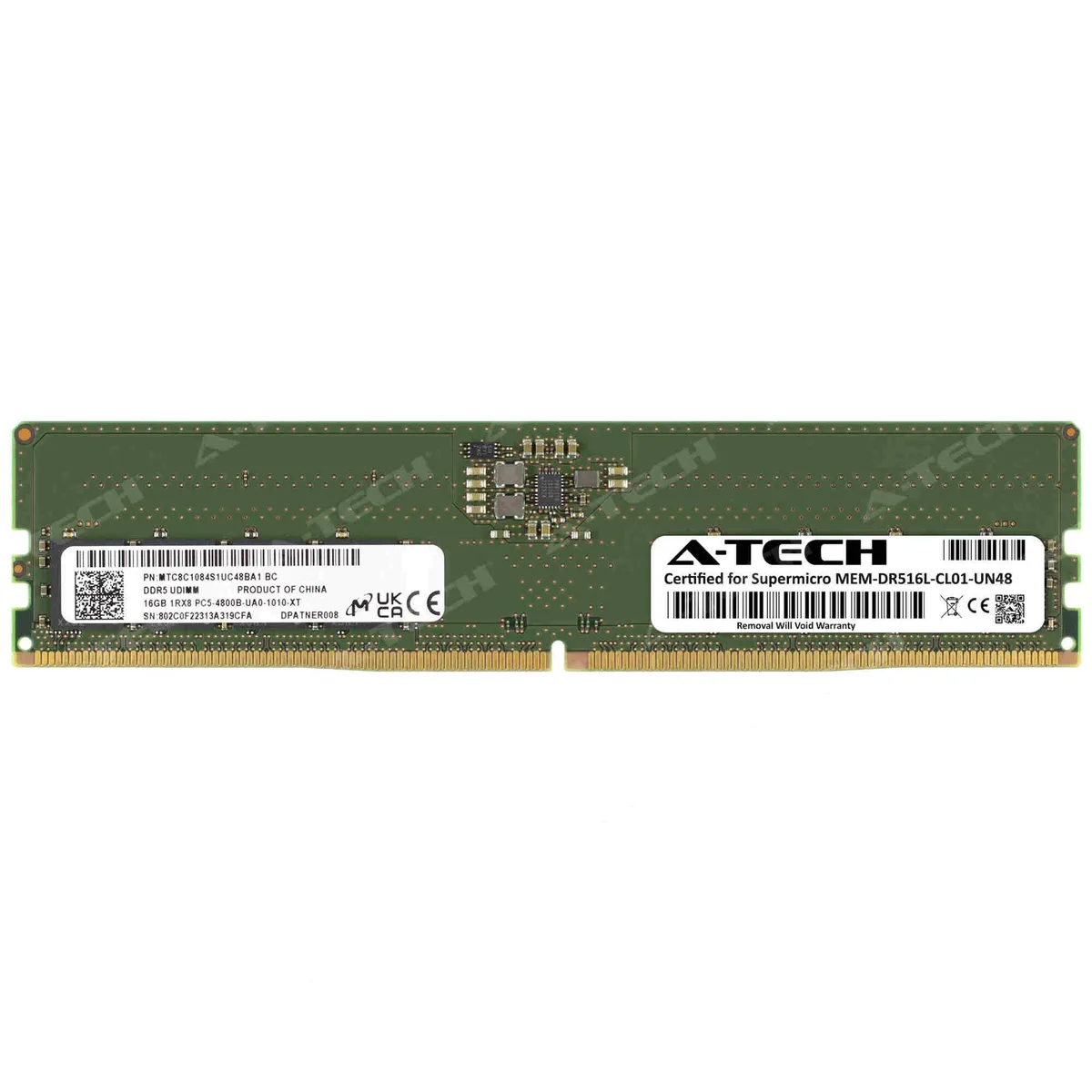 Green circuit board with black memory chips, 288 gold pins, no heat spreader, single 16GB DDR5 module