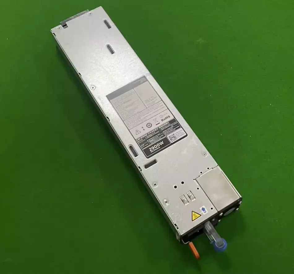 Rectangular metal power supply unit with ventilation grille and label showing model details