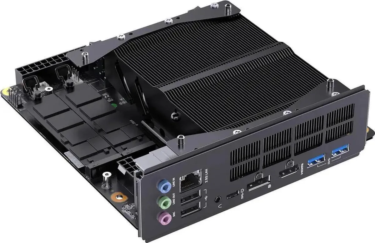 Black barebone mini PC motherboard with CPU installed