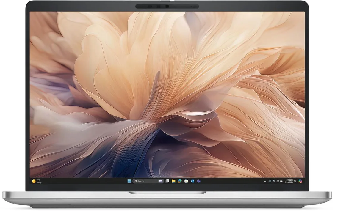 Silver aluminium Dell Pro 14 Plus 2-in-1 laptop with 14 inch touchscreen display open on desk