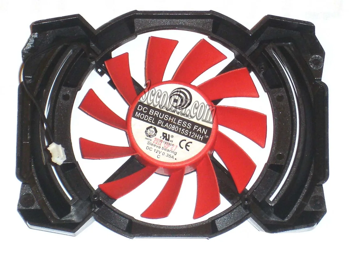 Small 80 mm fan with red blades and black frame, two-pin connector, black mounting bracket