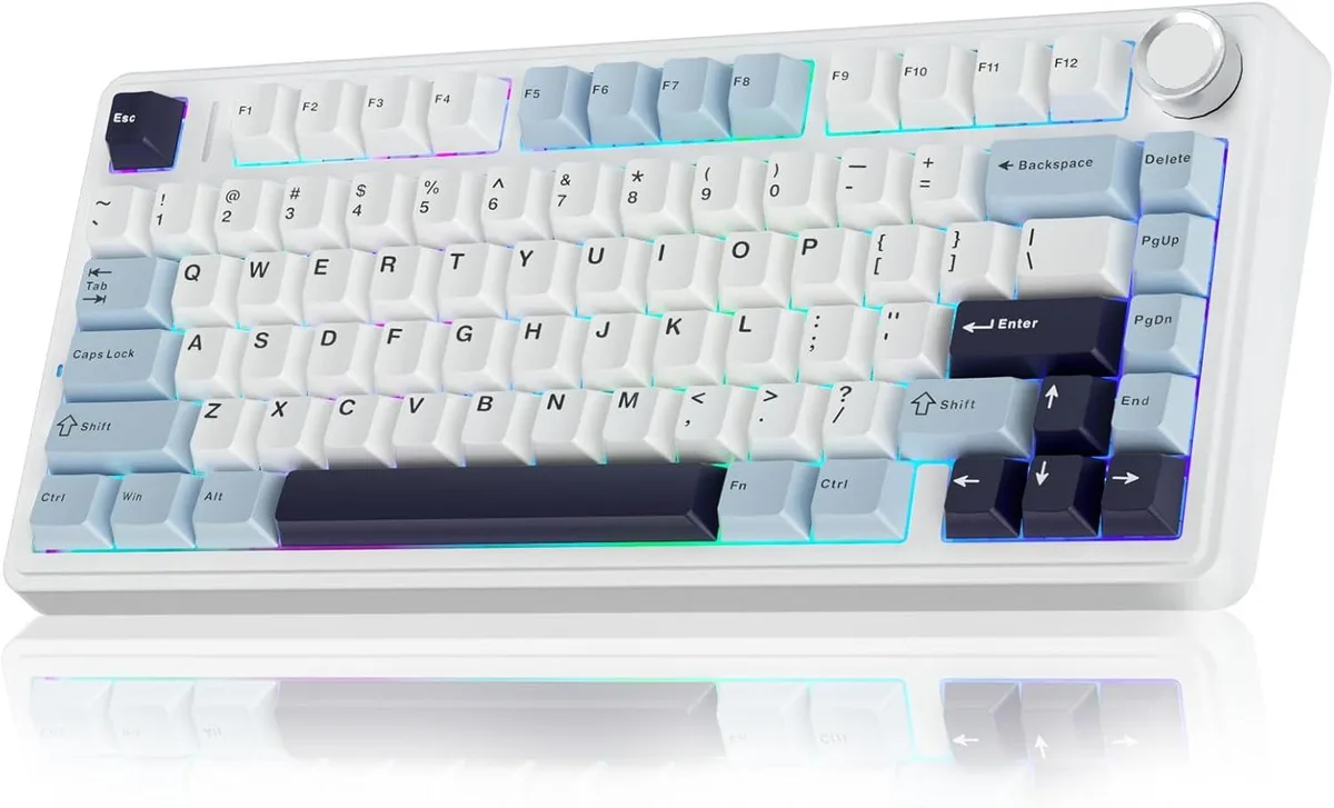 White and blue 75 percent wireless mechanical keyboard with hot-swappable switches