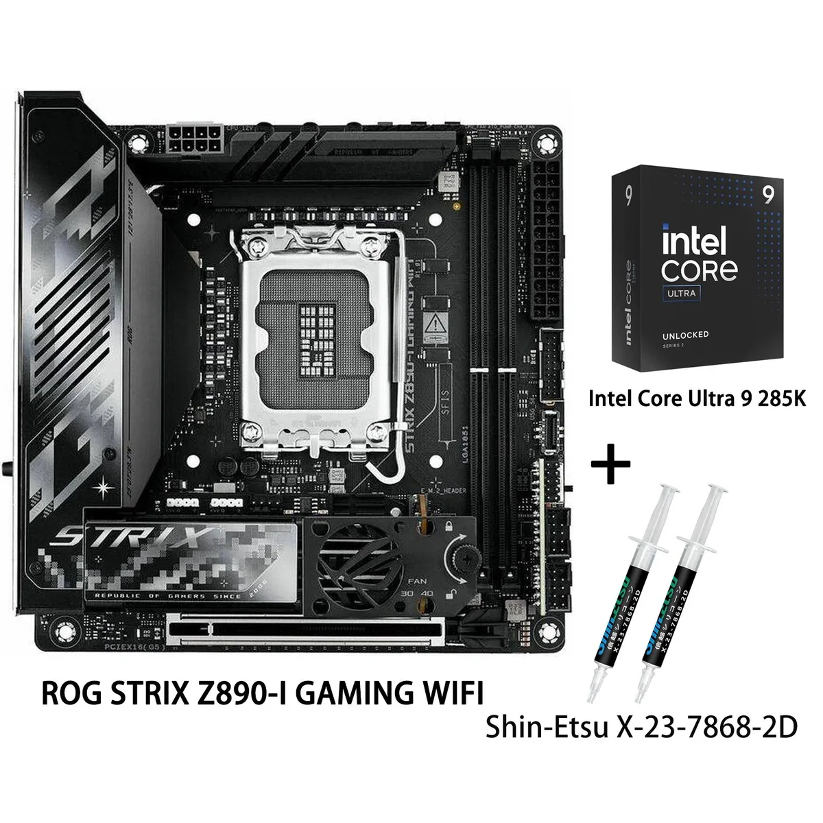 Compact Mini ITX motherboard with dark heatsinks and mounted CPU