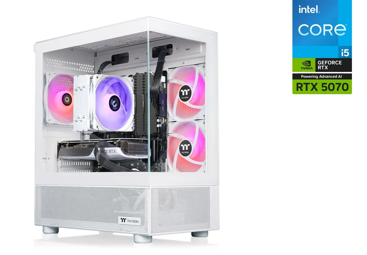 White mid-tower gaming desktop with ARGB tower cooler visible through side panel