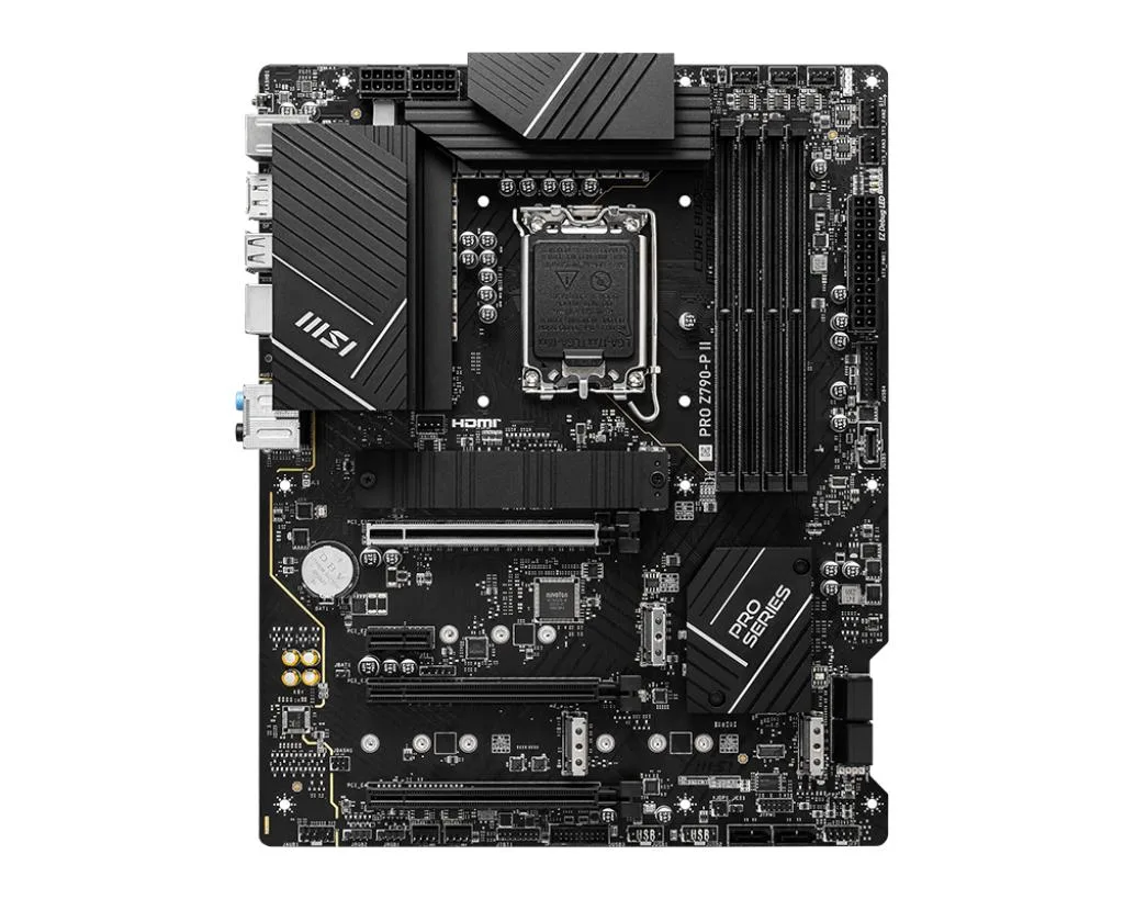 Rectangular ATX motherboard with black PCB and silver heatsinks covering chipset and VRM areas