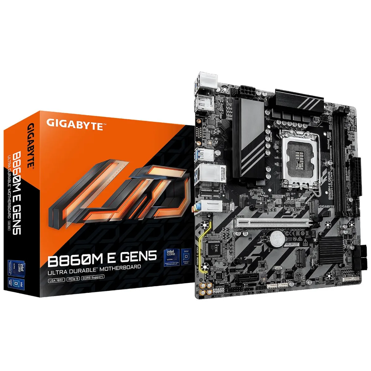 Micro ATX motherboard with black PCB and silver heatsinks