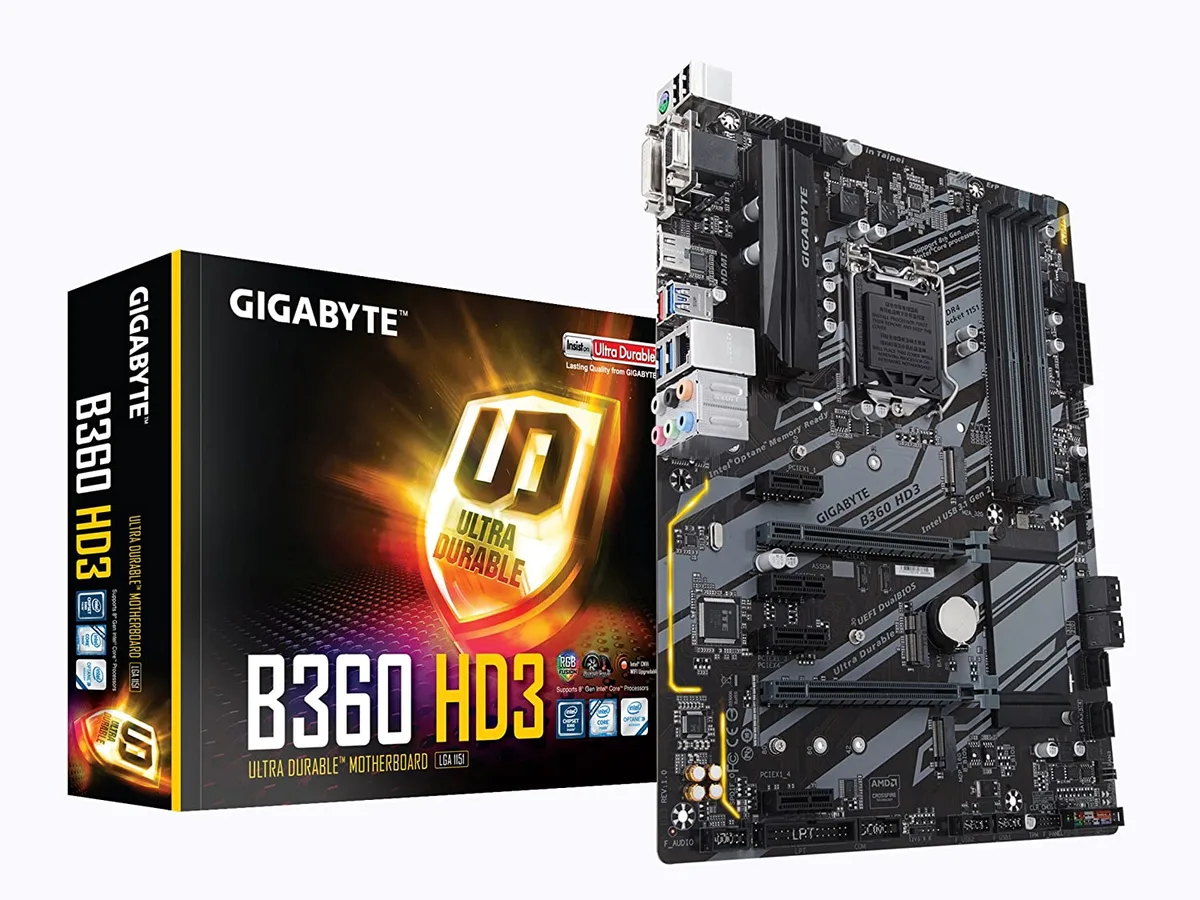ATX motherboard, black PCB with silver heatsinks, LGA 1151 socket, four DDR4 slots, rear I/O shield visible