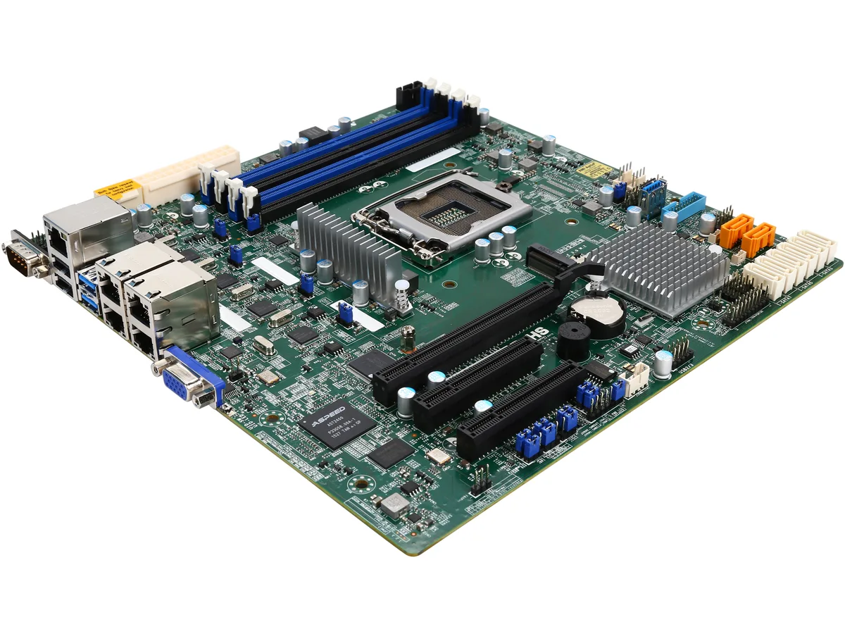 Green micro ATX server motherboard with four DDR4 slots and four RJ45 ports