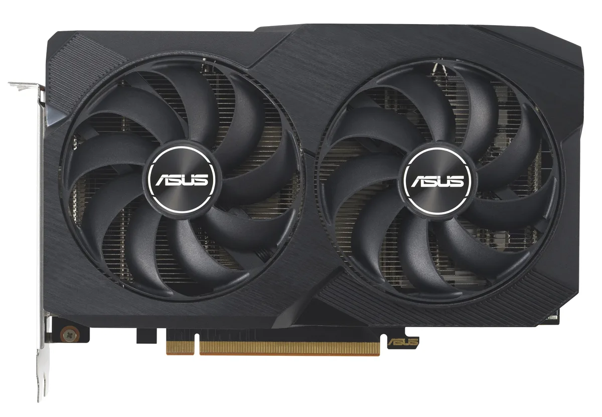 ASUS Dual Radeon RX 7600 V2 graphics card with two axial fans and a 2.5-slot metal backplate
