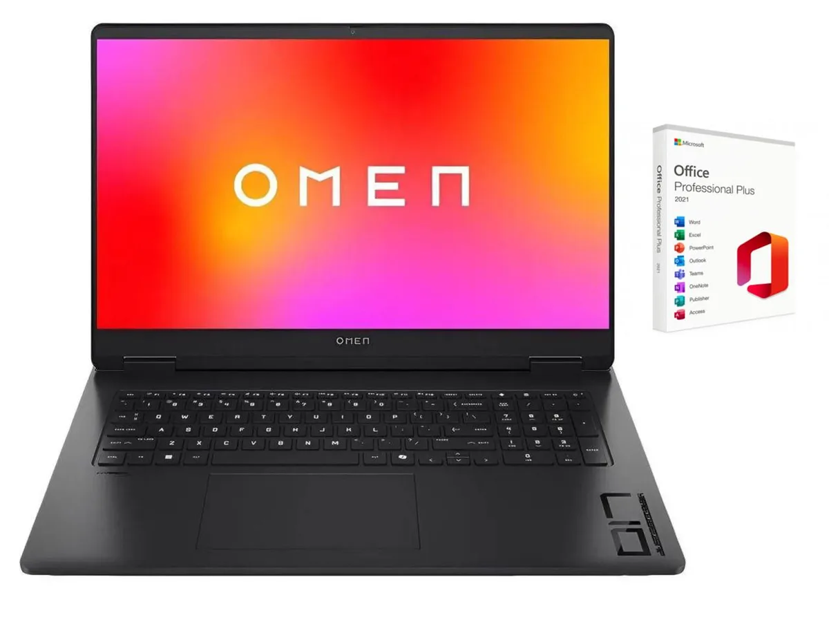 Black HP OMEN 17.3 inch gaming laptop with backlit keyboard and numeric keypad