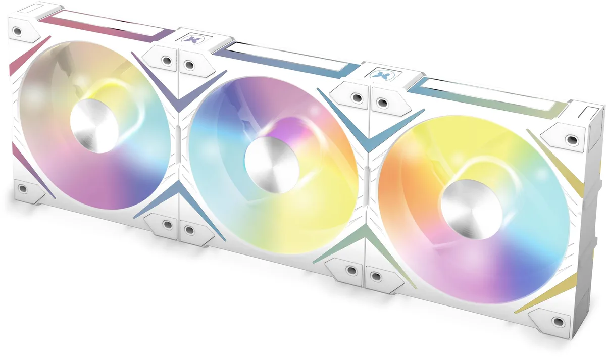 Three thick white 120mm case fans with double ARGB rings and magnetic interlocking frames, plus a controller hub