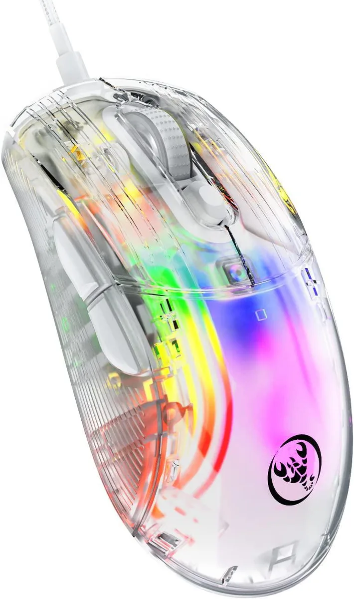 Transparent wired gaming mouse with 13 RGB lighting zones and 7 buttons