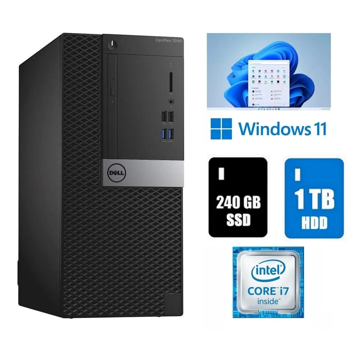 Black Dell OptiPlex 7040 mini tower desktop with DVD drive and USB Wi-Fi adapter