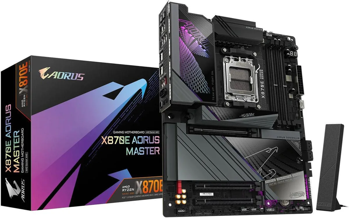 Black ATX motherboard with silver VRM heatsinks and M.2 shields